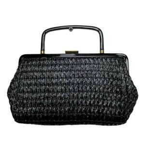 50s Black Straw Clutch wth Vintage Lace Gloves Top Handle Purse Satchel Bag